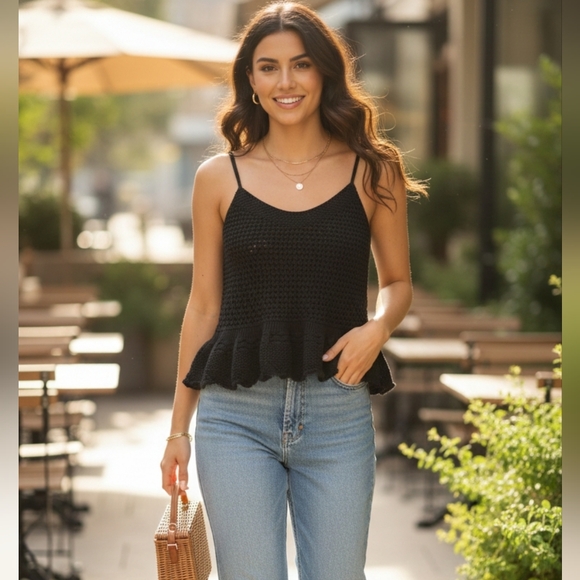 Only Tops - Only Black Ruffled Peplum Camisole Crochet Top Size M
